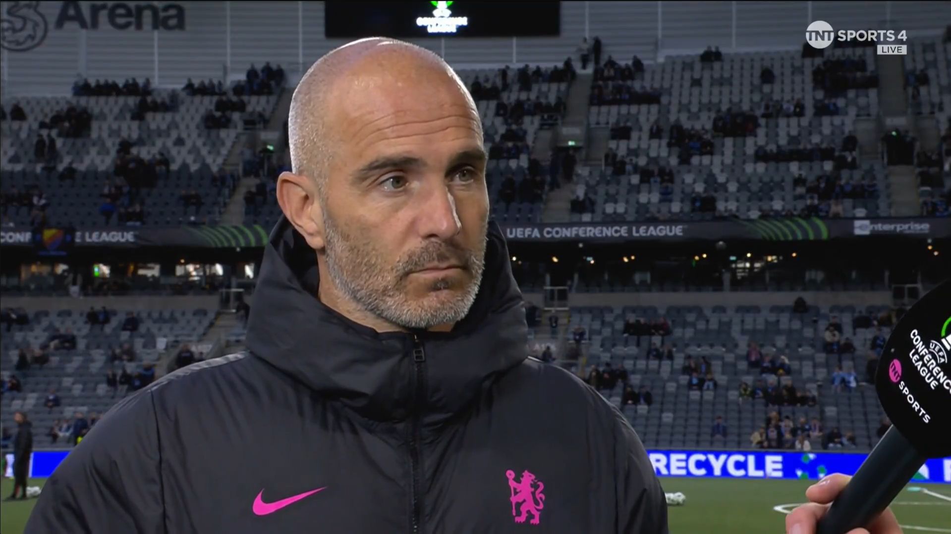 Enzo Maresca speaks to TNT Sport on the touchline for Chelsea.