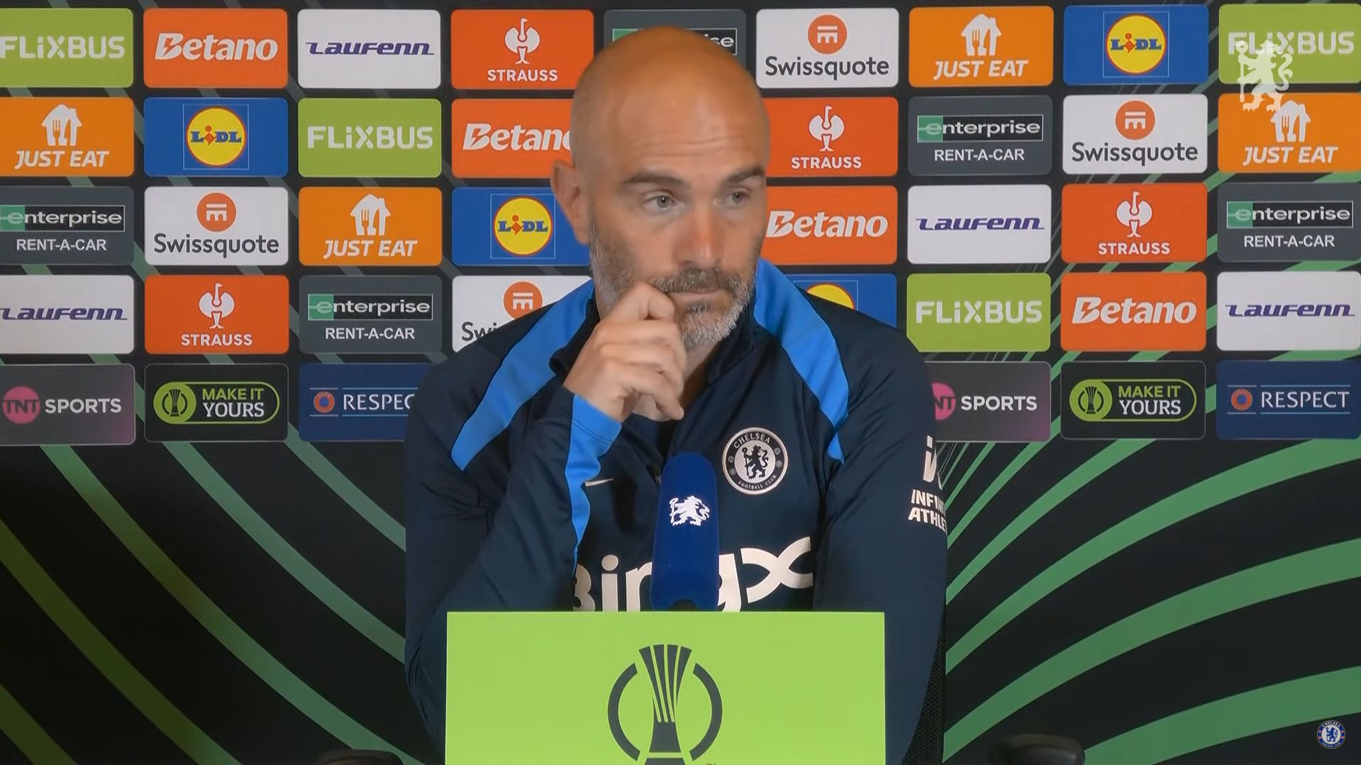 Enzo Maresca speaks to the press ahead of the Conference League final.
