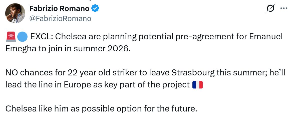 Fabrizio Romano on Emanuel Emegha coming to Chelsea in 2026.