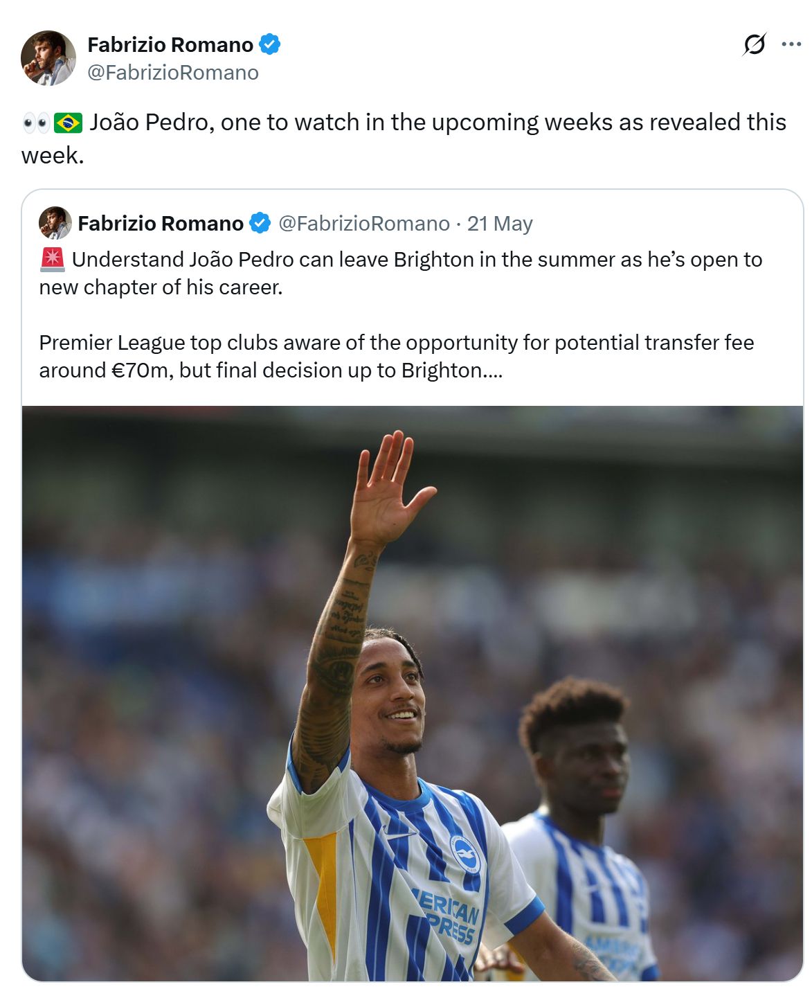 Fabrizio Romano's Tweet about Joao Pedro.