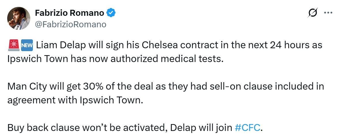 Fabrizio Romano's Tweet about a potential Liam Delap move.