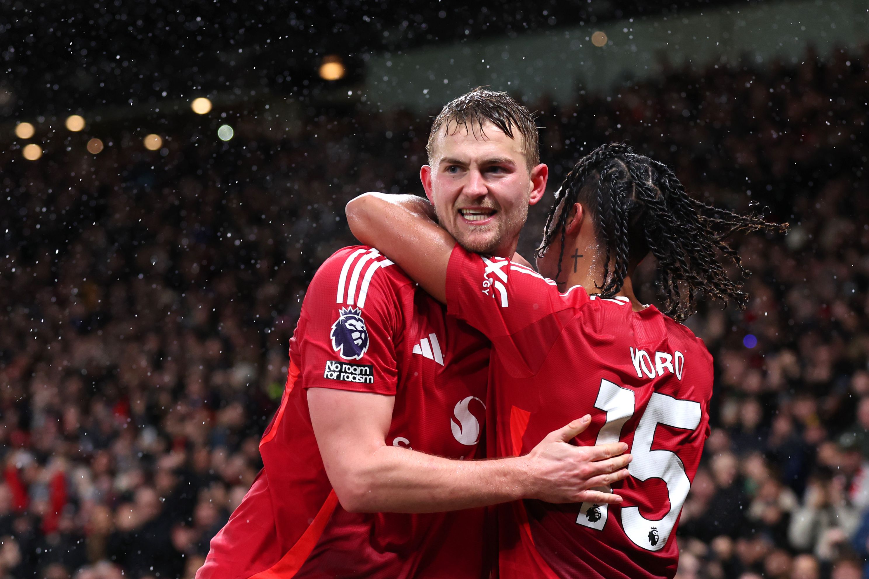 Matthijs de Ligt celebrates scoring for Manchester United.