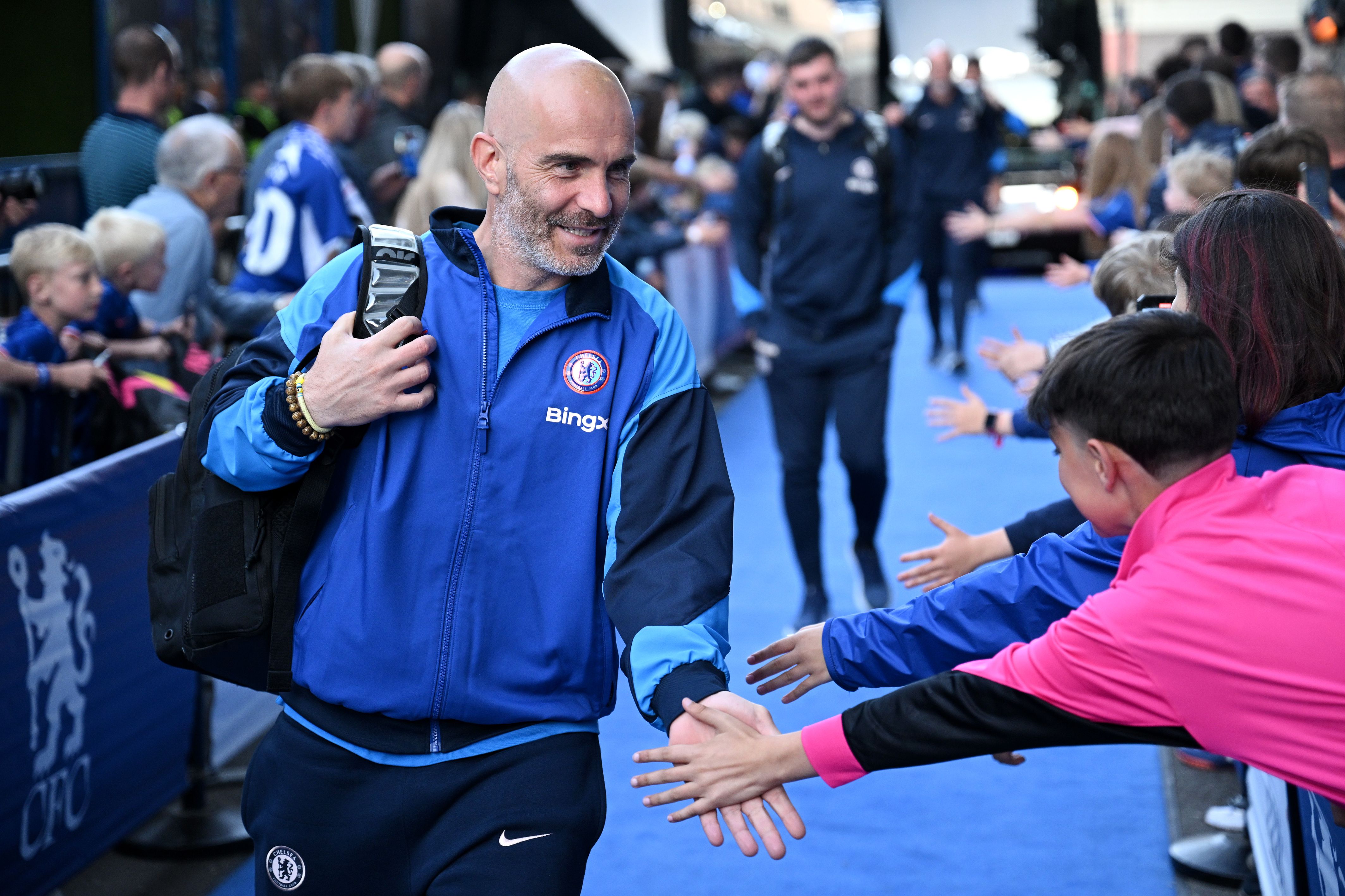 Enzo Maresca arrives at Stamford Bridge.