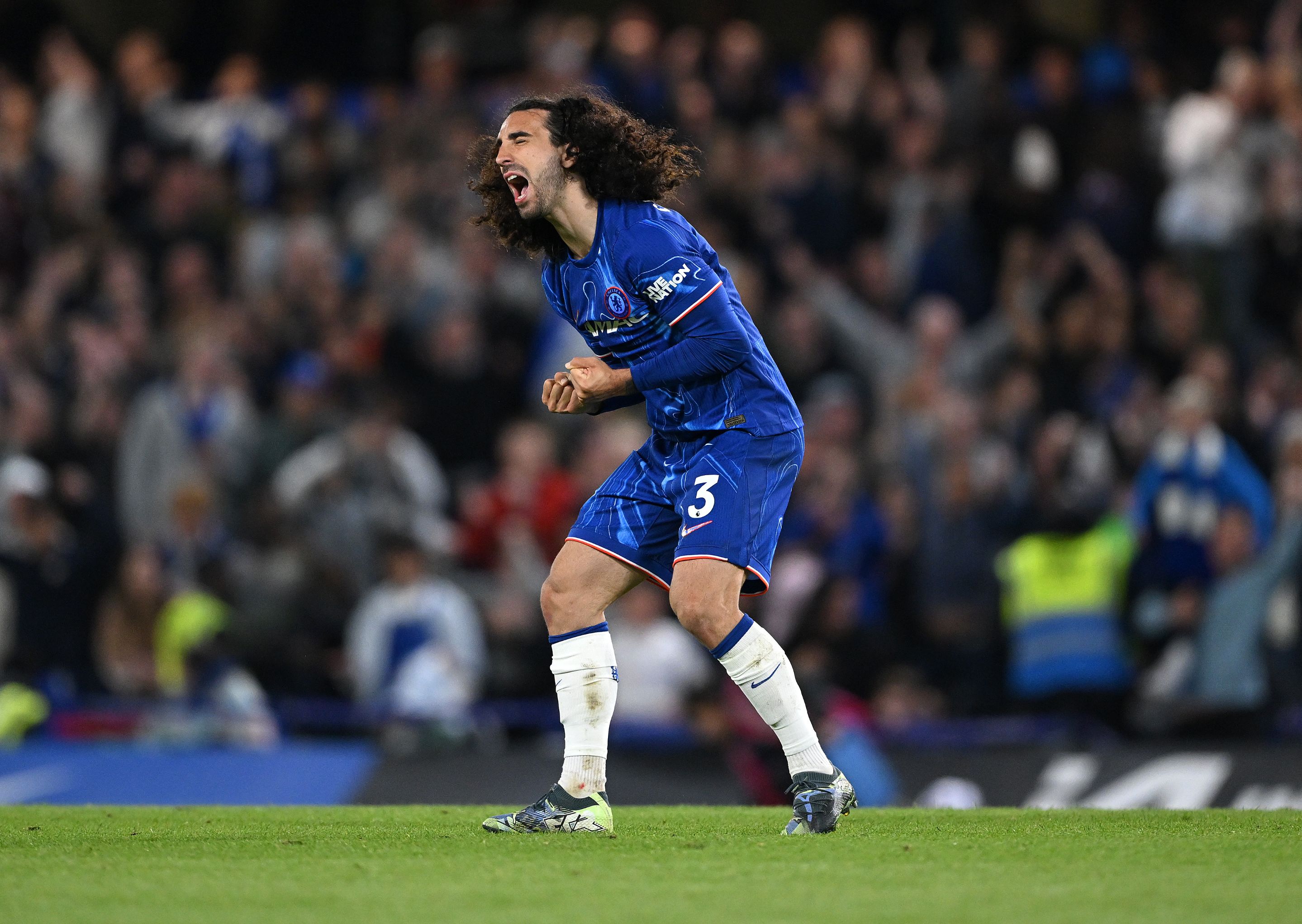 Marc Cucurella celebrates against Manchester United.