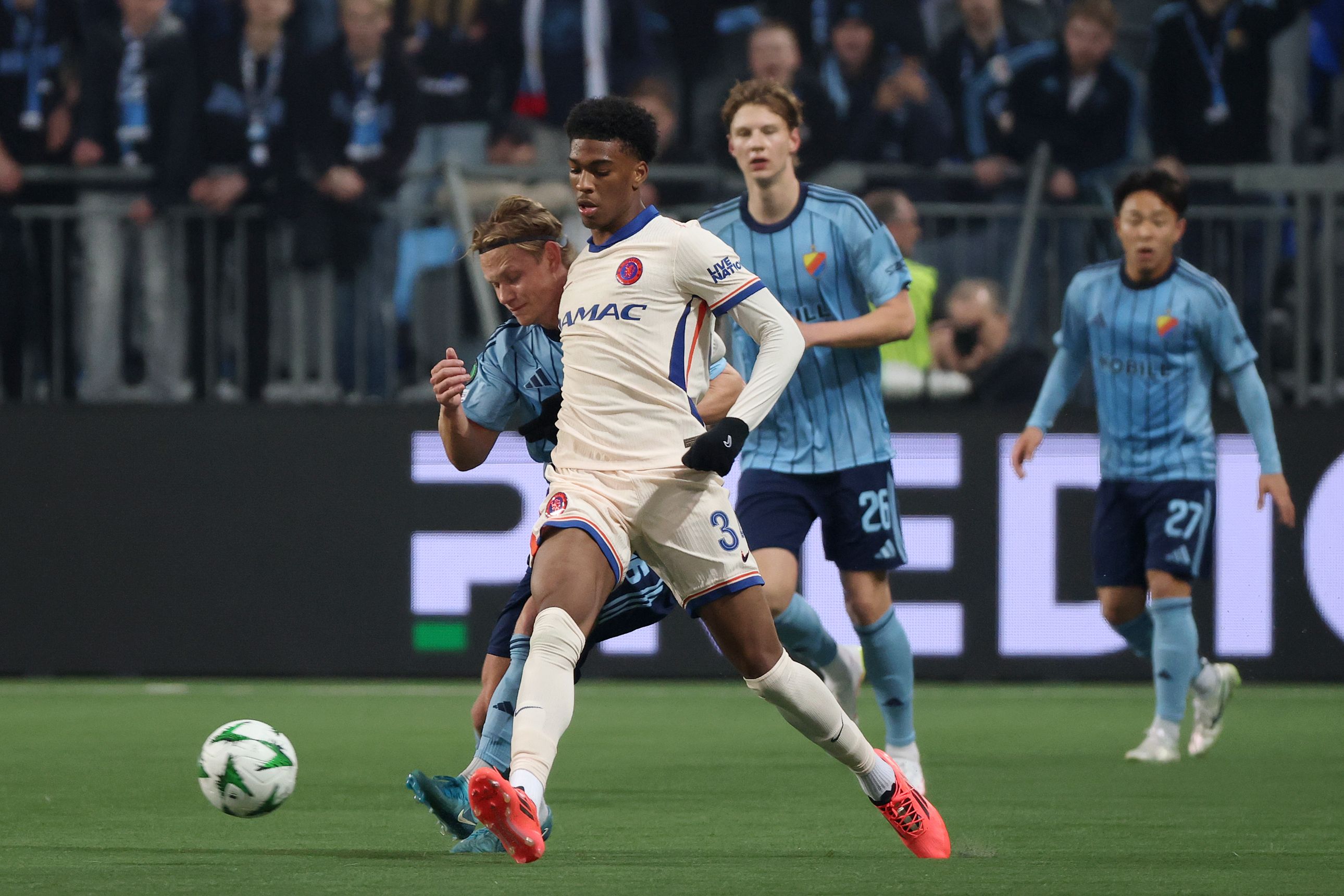 Josh Acheampong battle for possession against Djurgarden.