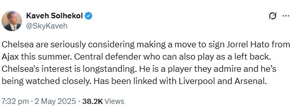 Kaveh Solhekol's Tweet about Jorrel Hato.