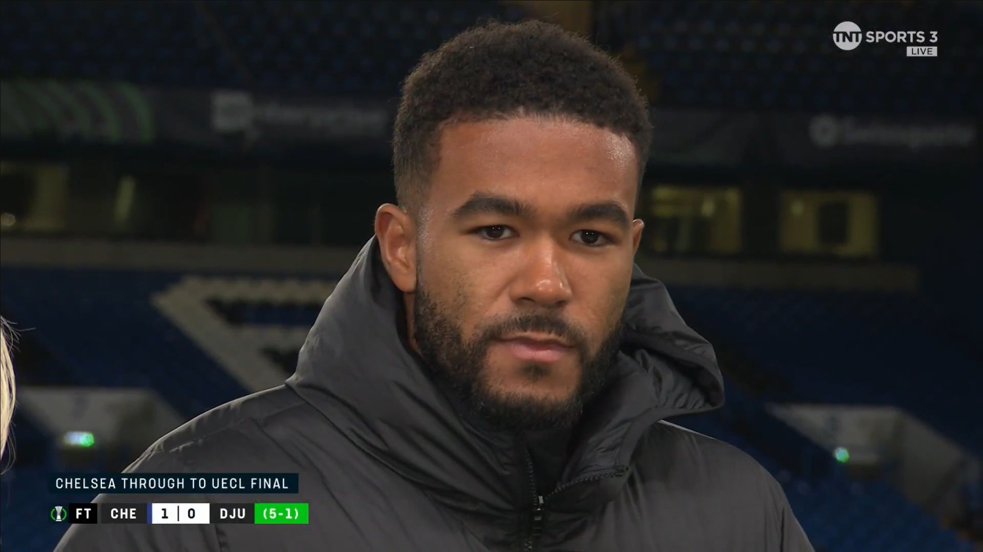 Reece James speaks to the cameras.