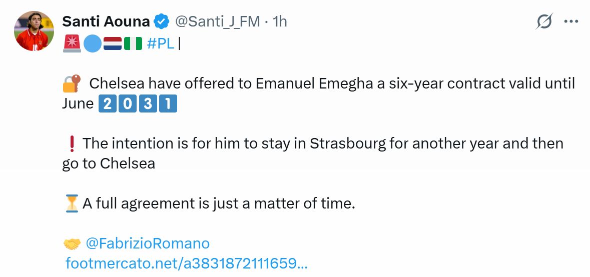 Santi Aouna's Tweet about Emanuel Emegha.