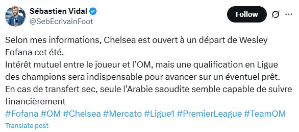 Sebatien Vidal on Wesley Fofana to Marseille.