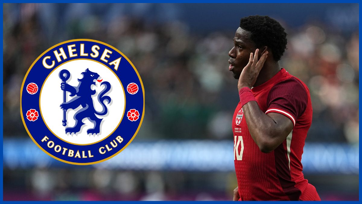 Jonathan David with a Chelsea logo.