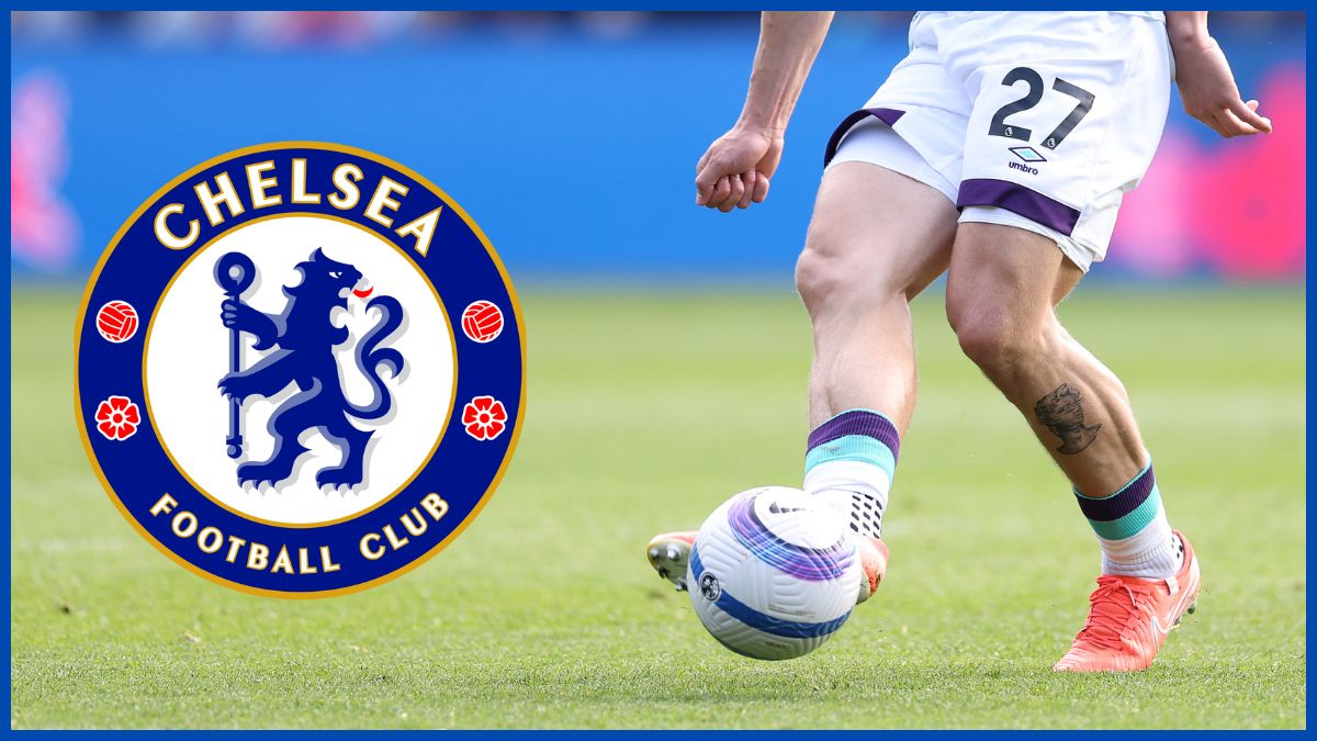Ilya Zabarnyi playing for Bournemouth with a Chelsea logo.