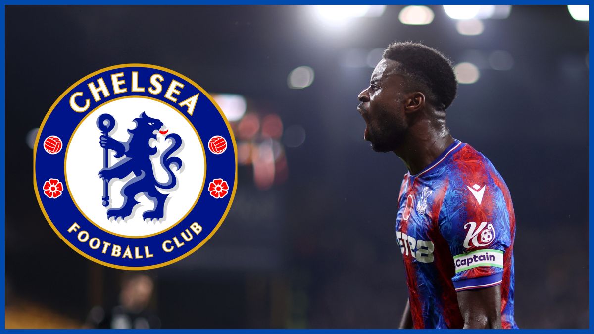 Marc Guehi celebrates a goal with Chelsea logo.