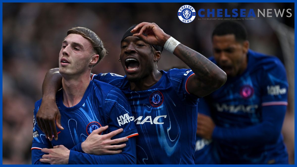 Cole Palmer and Noni Madueke celebrate.
