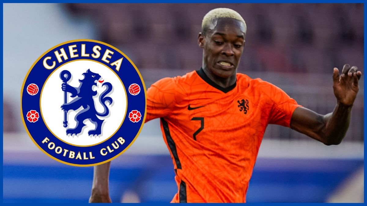 Emanuel Emegha with a Chelsea logo.