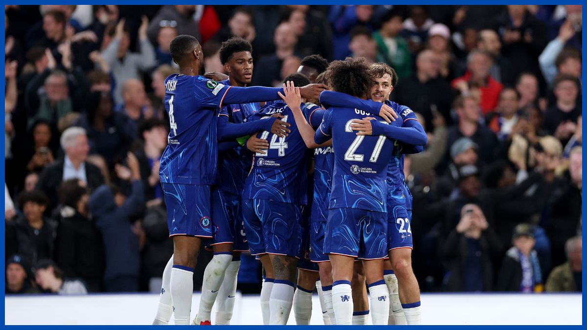 Chelsea group celebrate a goal.