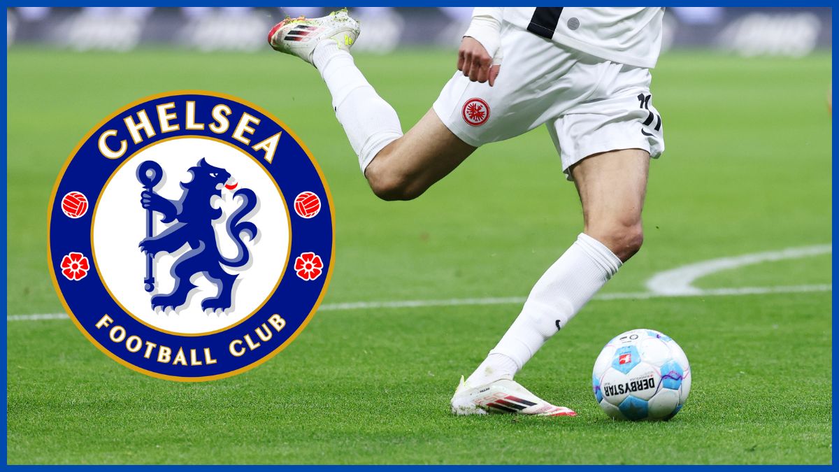 Hugo Ekitike's legs with a Chelsea logo.