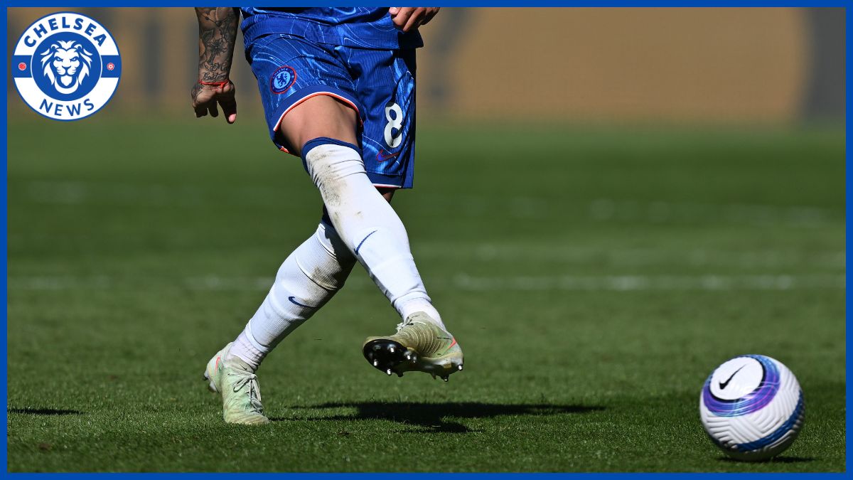 Enzo Fernandez passes the ball with Chelsea news logo.