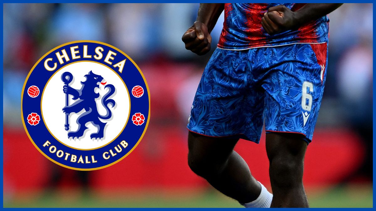 Marc Guehi's legs with a Chelsea logo.