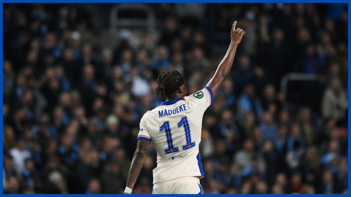 Noni Madueke celebrates his goal against Djurgarden.(Photo by David Lidstrom/Getty Images)