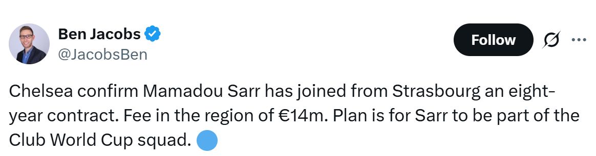 Ben Jacobs Tweets about Mamadou Sarr signing.