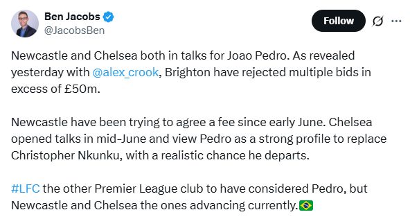 Ben Jacobs information on Joao Pedro bid.
