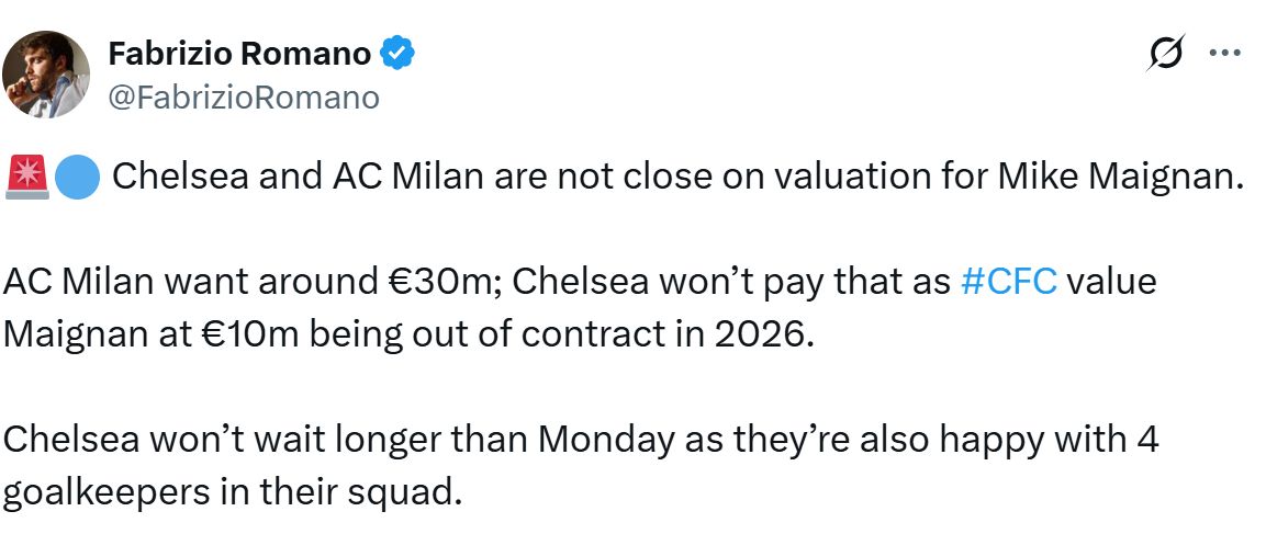 Chelsea and AC Milan struggle for a Mike Maignan deal according to Fabrizio Romano.
