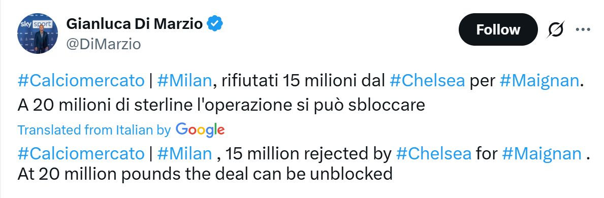 Chelsea will need to up their Mike Maignan offer according to Gianluca di Marzio.