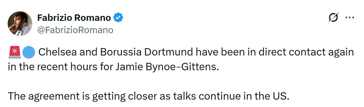 Fabrizio Romano's Tweet about Jamie Gittens and Chelsea's latest bid.