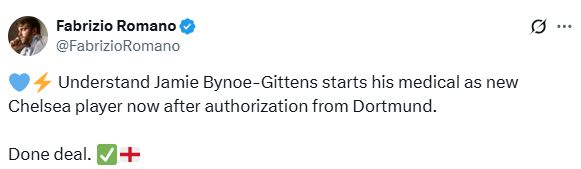 Fabrizio Romano's Tweet about Jamie Gittens's transfer.