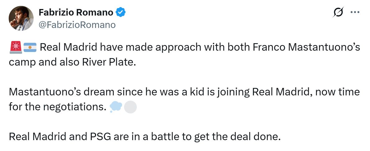 Fabrizio Romano's Tweet about the interest in Franco Mastanuono.