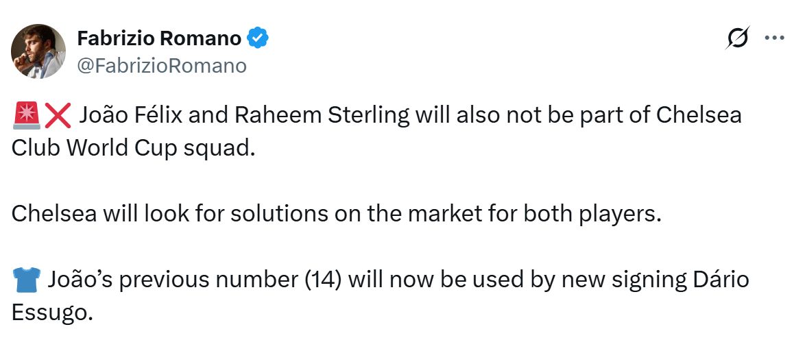 Fabrizio Romano's Tweet about two first team players who won't travel to USA.