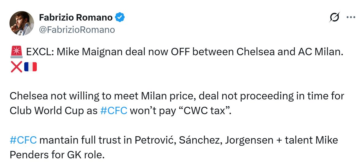Fabrizio Romano's Tweet announcing that Mike Maignan deal is dead.