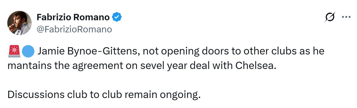Fabrizio Romano's latest Tweet about Jamie Gittens.