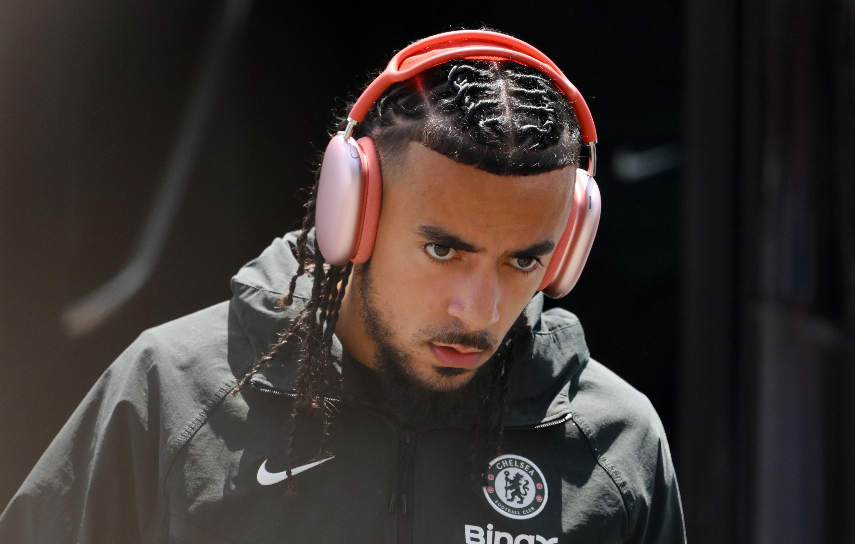 Malo Gusto arrives for Chelsea's game against Flamengo.