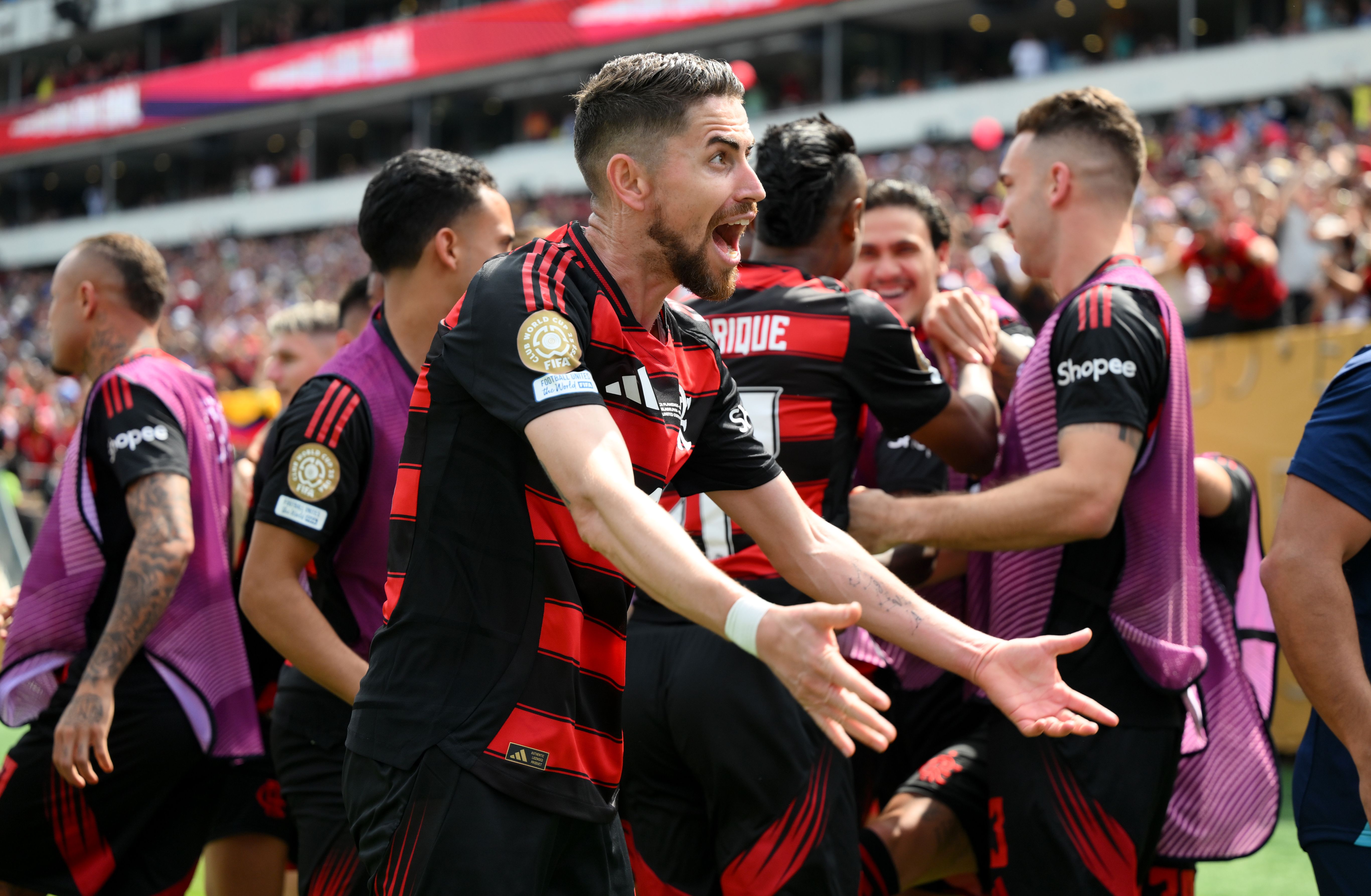 Jorginho celebrates Flamengo's win against Chelsea.