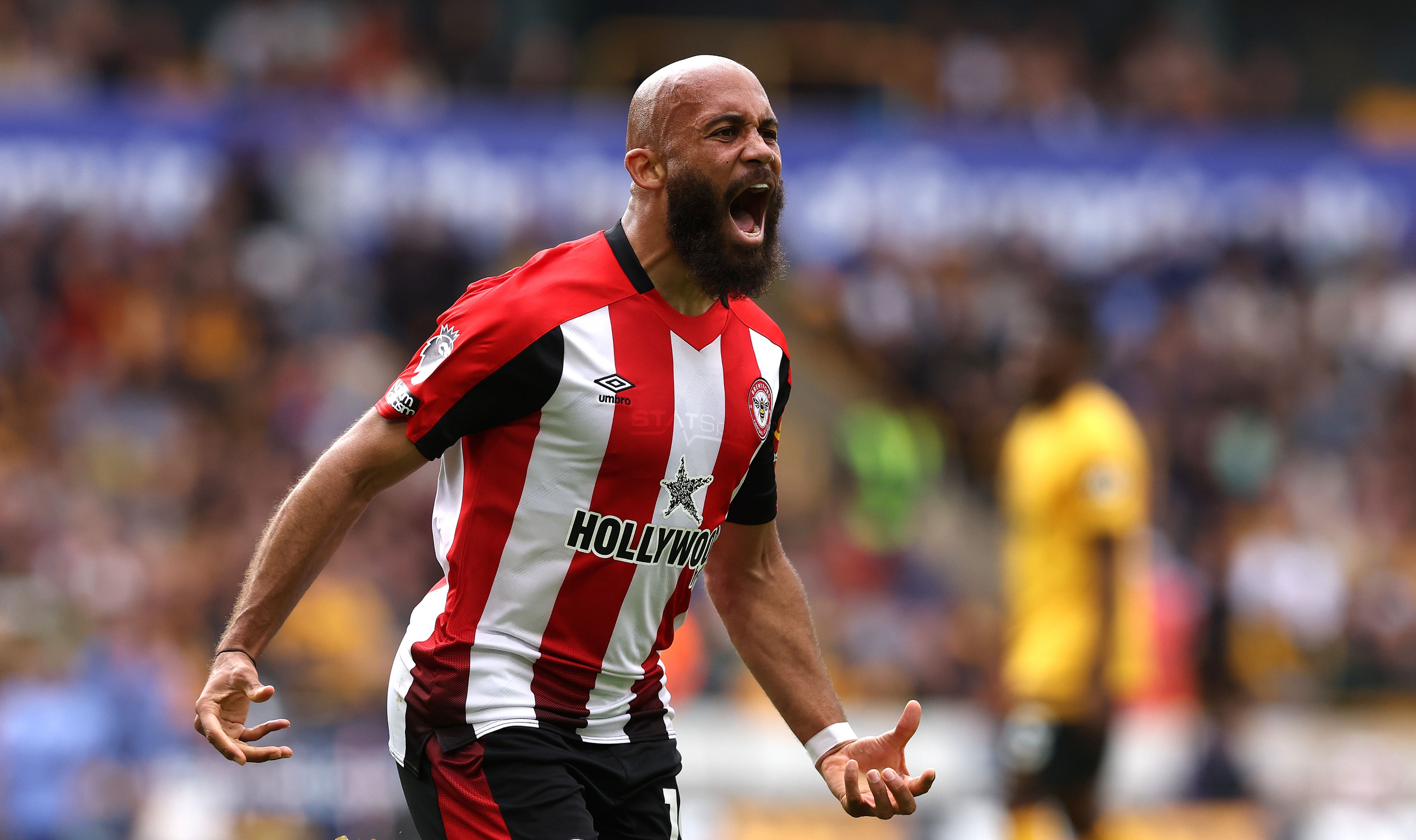 Bryan Mbeumo celebrates scoring for Brentford.