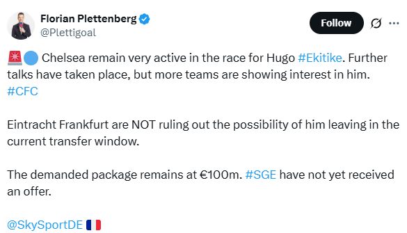 Hugo Ekitike linked to Chelsea by Florian Plennenberg.