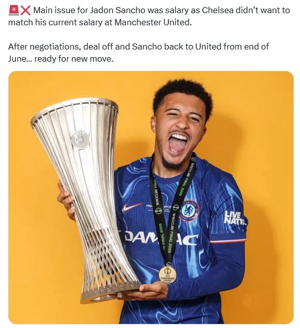 Jadon Sancho Tweet from Fabrizio Romano.