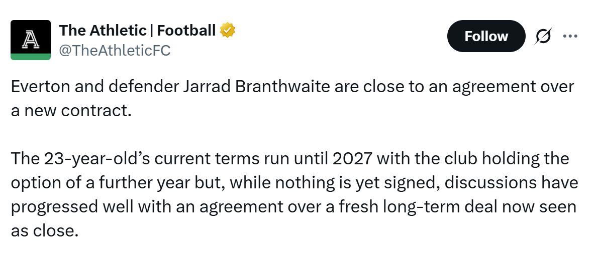Jarrad Branthwaite close to agreement over new contract according to the Athletic.