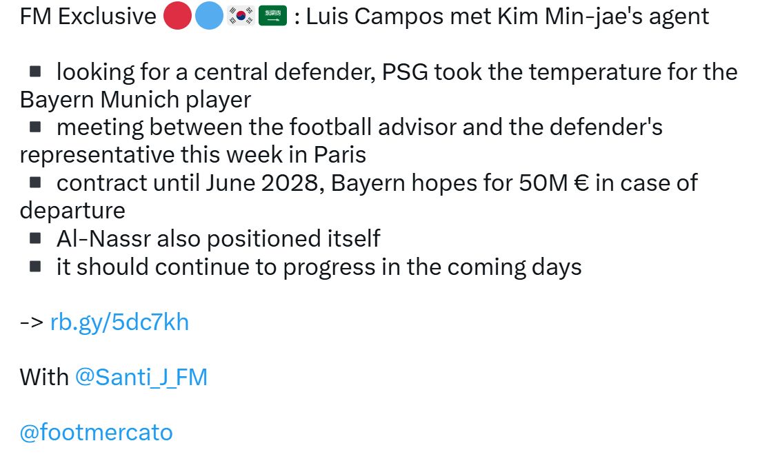 Kim Min-Jae set to meet PSG representatives according to FootMercato.