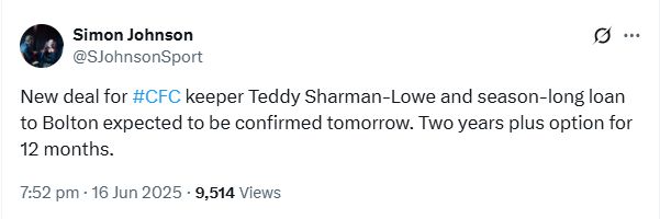 Simon Johnson's Tweet about Teddy Sharman-Lowe's potential season long loan to Bolton.