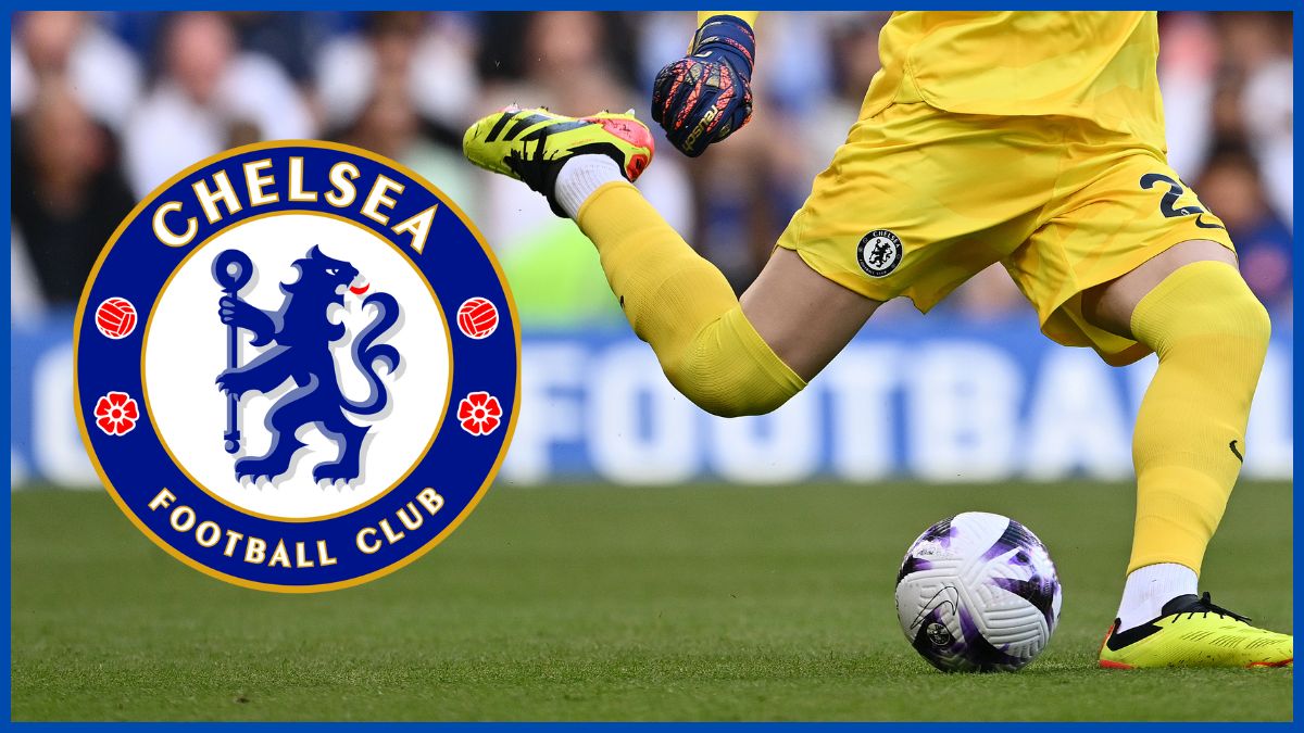Djordje Petrovic punts a goal kick with a Chelsea logo.