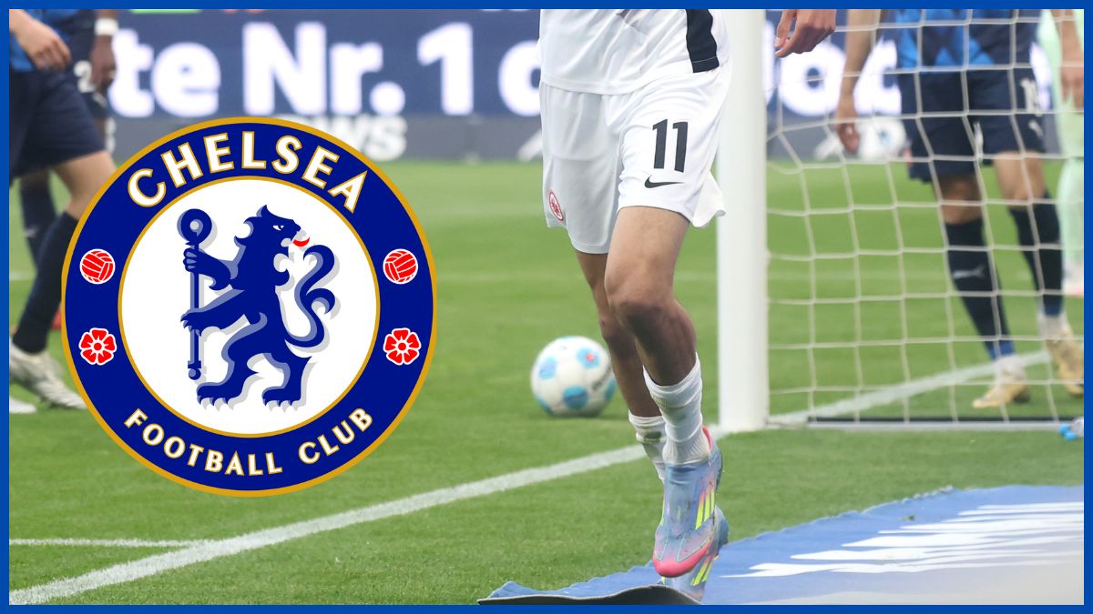 Hugo Ekitike with a Chelsea logo.