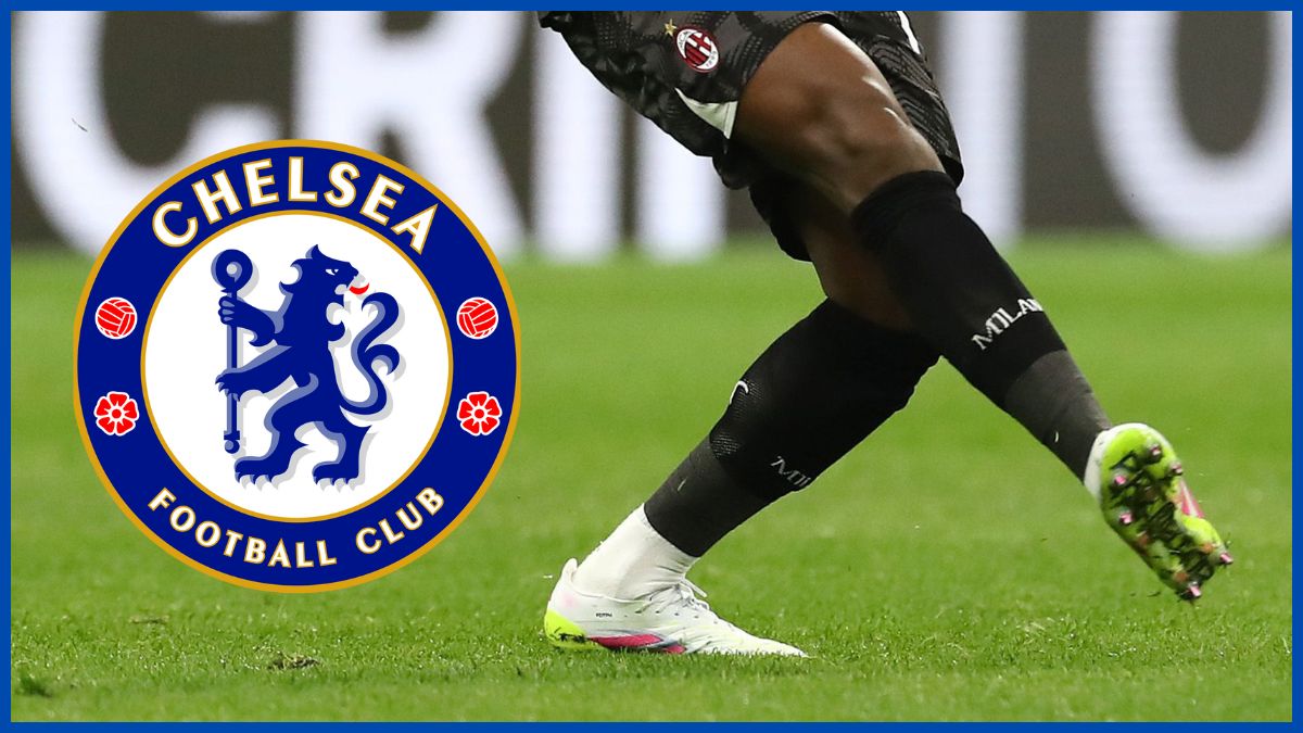 Mike Miganan passa a bola com um logotipo do Chelsea.