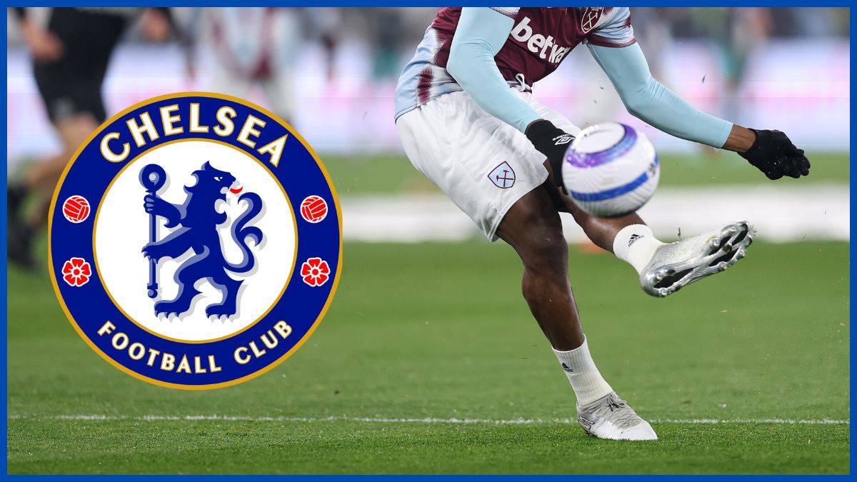 Mohammed Kudus with a Chelsea logo.