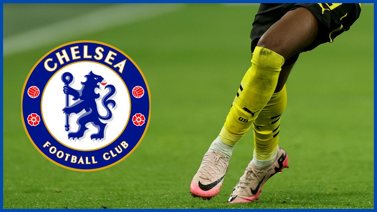 Jamie Gittens with a Chelsea logo.