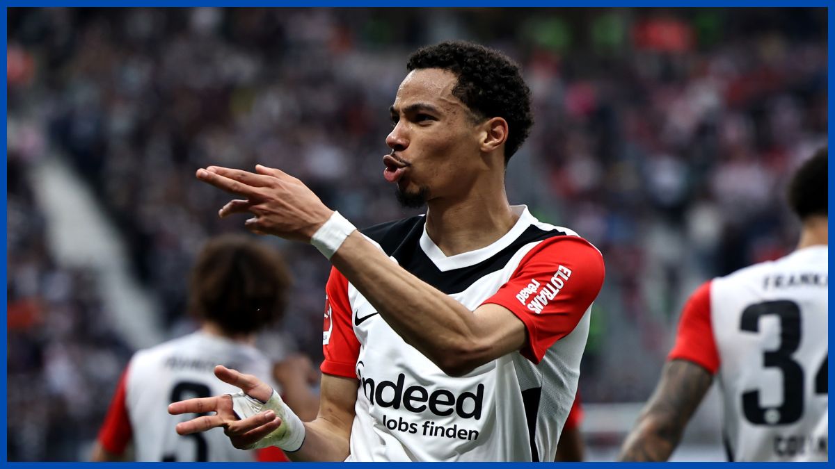 Hugo Ekitike celebrates a goal.