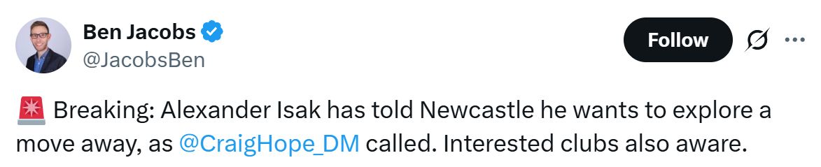 Ben Jacobs' Tweet about Alexander Isak pushing for a move away.
