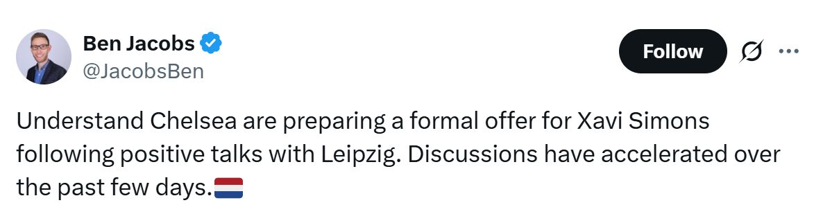 Ben Jacobs' update on Chelsea's interest in Xavi Simons.