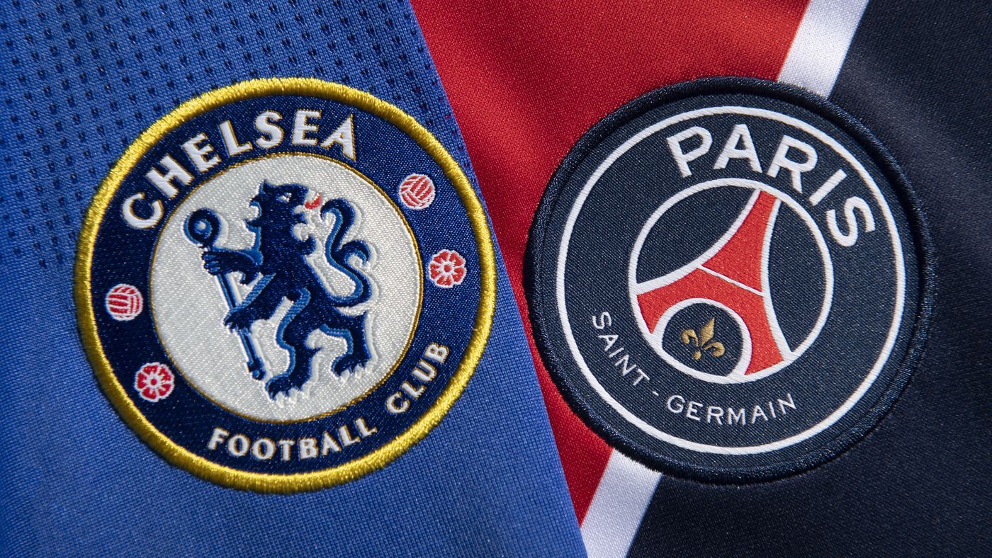 Chelsea and PSG logos on shirts.